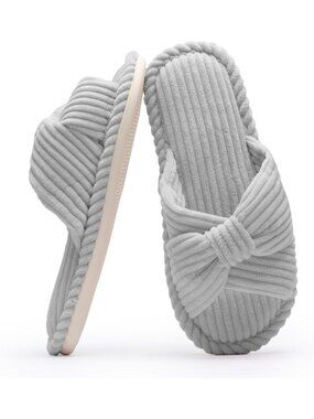 Women's Grey Corduroy Bow Cozy Comfortable Bedroom Spa Open Toe Slipper Shoes